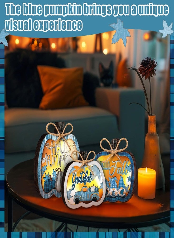Tujoe 3 Pcs Thanksgiving Pumpkin Wooden Signs Light up Blue Pumpkin Centerpiece Tabletop Decor Fall Decorations for Home Thanksgiving Lights Tiered Tray Decor for Kitchen Harvest Party Supplies - Image 4